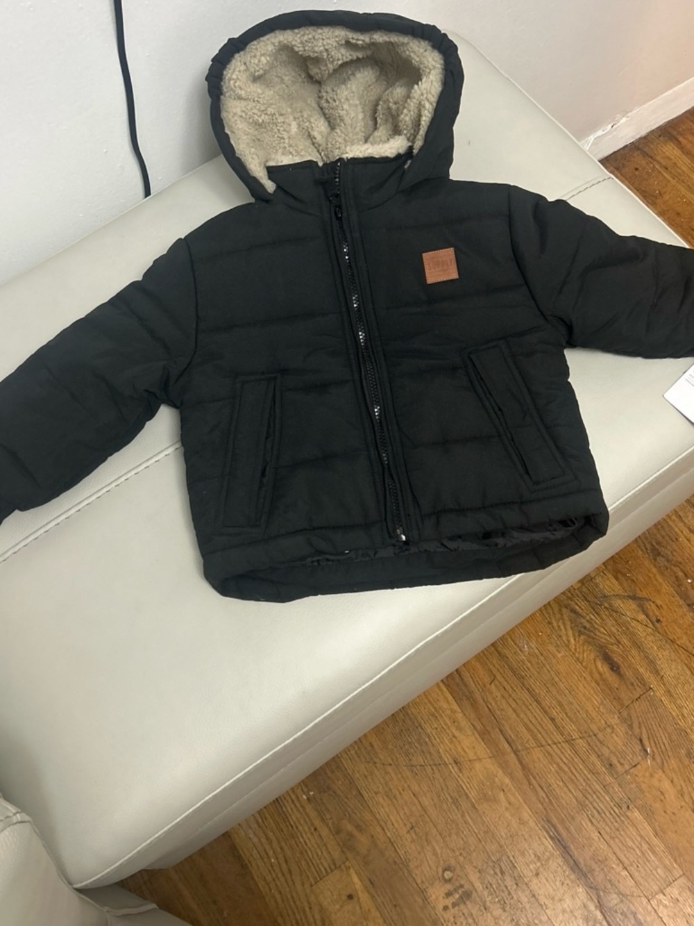 Children's Black Hooded Puffer Jacket with Cream Sherpa Hood